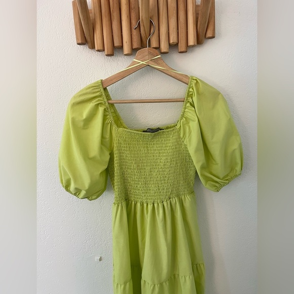 Lark + Grey Green Puff Sleeve Shirred Dress Midi - Picture 4 of 7